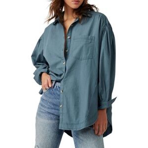 Free People Happy Hour Solid Poplin Shirt in dusty blue